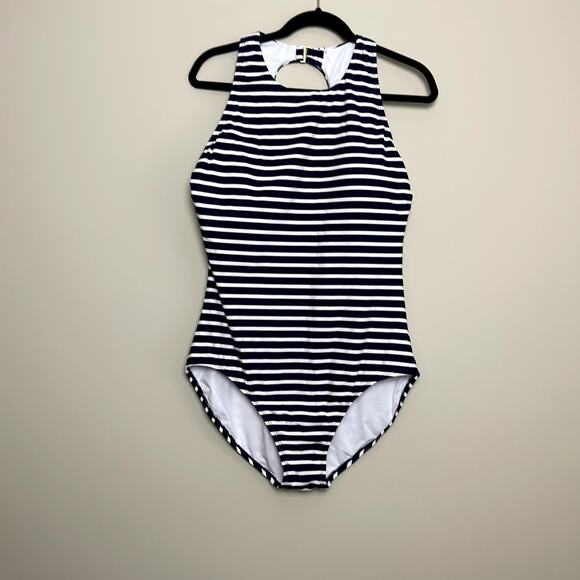 Lands End Pull On Hook Loop  Full Coverage Blue White Striped One Piece Swimsuit - Picture 3 of 5